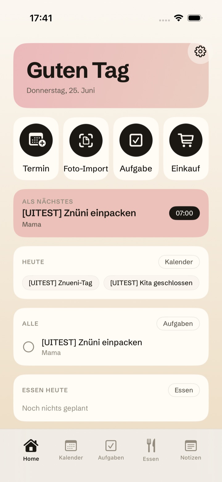 Kewinn Dashboard mit Begrüssung, Familienfarben-Verlauf und Tagesübersicht