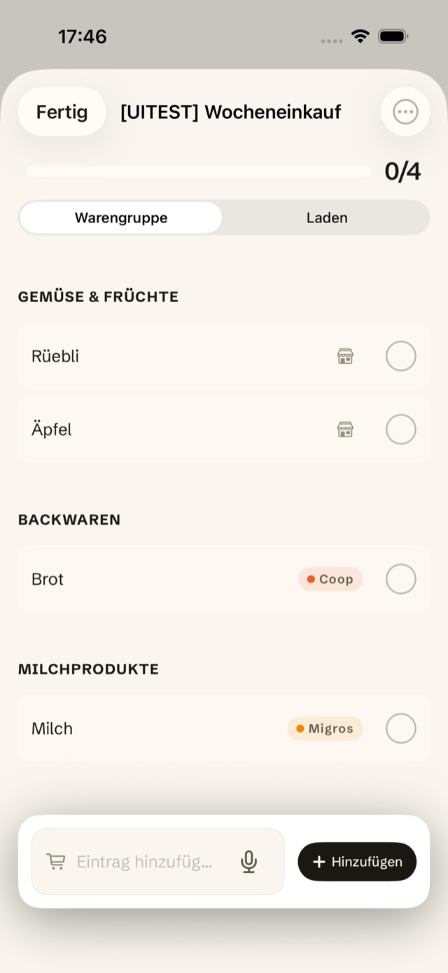 Einkaufsliste sortiert nach Warengruppen mit Laden-Badges